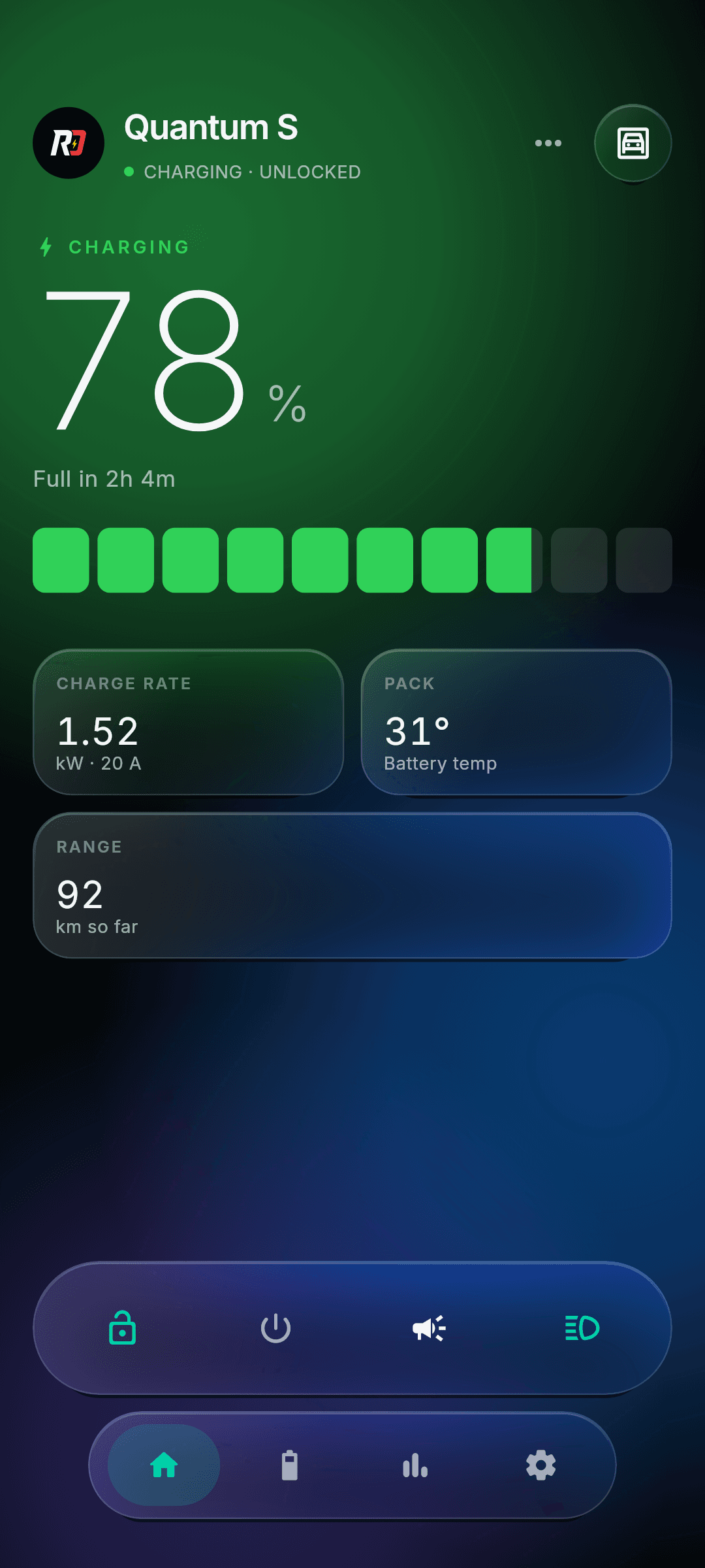 RideDat charging screen with battery level and estimated range