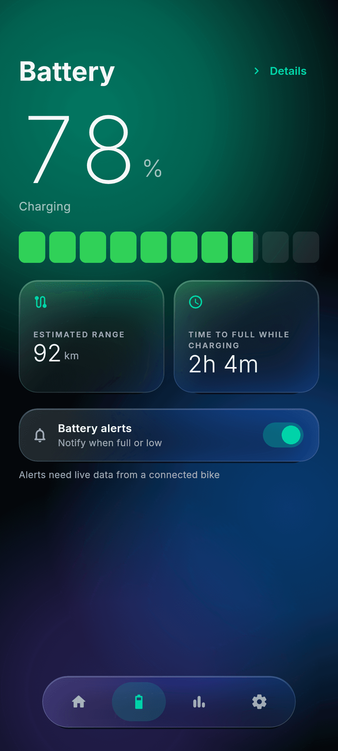 RideDat battery screen showing detailed battery readings