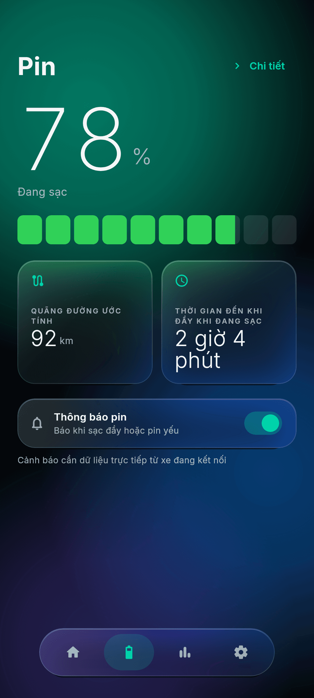 Màn hình pin RideDat hiển thị các thông số pin chi tiết